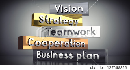 Vision, strategy, teamwork, cooperation, business plan - words on metal blocks - 3D illustration 127368836