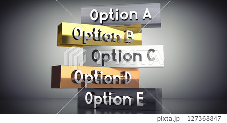 Option A, B, C, D, E - words on metal blocks - 3D illustration Option A, B, C, D, E - words on metal blocks - 3D illustration 127368847