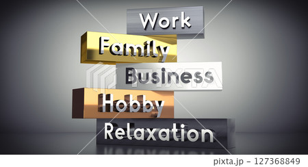 Work, family, business, hobby, relaxation - words on metal blocks - 3D illustration 127368849