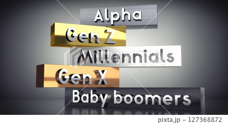 Alpha, Gen Z, Millennials, Gen X, Baby boomers - 3D illustration Alpha, Gen Z, Millennials, Gen X, Baby boomers - 3D illustration 127368872