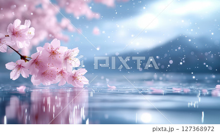 close-up delicate pink Cherry Blossoms in Spring , blurred background of a misty lake 127368972