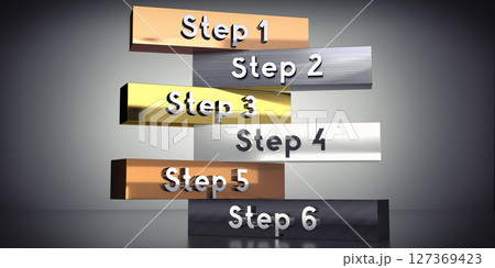 Step 1, 2, 3, 4, 5, 6 - words on metal blocks - 3D illustration Step 1, 2, 3, 4, 5, 6 - words on metal blocks - 3D illustration 127369423