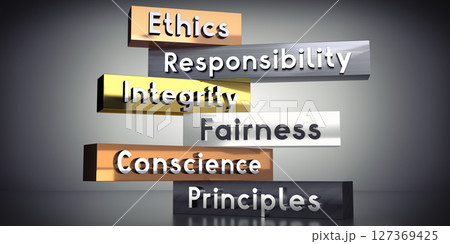 Ethics, responsibility, integrity, fairness, conscience, principles - 3D illustration Ethics, responsibility, integrity, fairness, conscience, principles - 3D illustration 127369425