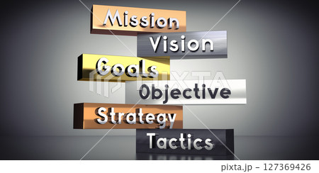 Mission, vision, goals, objective, strategy, tactics - words on metal blocks - 3D illustration Mission, vision, goals, objective, strategy, tactics - words on metal blocks - 3D illustration 127369426