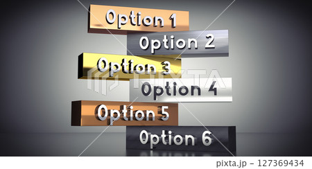 Option 1, 2, 3, 4, 5, 6 - words on metal blocks - 3D illustration 127369434