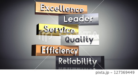 Excellence, leader, service, quality, efficiency, reliability - words on metal blocks - 3D illustration 127369449