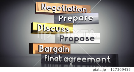 Negotiation, prepare, discuss, propose, bargain, final agreement - 3D illustration Negotiation, prepare, discuss, propose, bargain, final agreement - 3D illustration 127369455