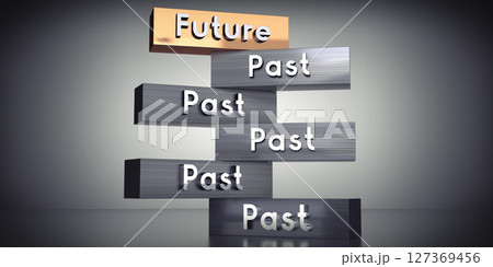 Future and past - words on metal blocks - 3D illustration 127369456