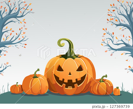 Happy Halloween pumpkins sit under bare autumn trees with leaves drifting in the wind. A white background makes it perfect for adding text or promotional content. Simple and clean seasonal artwork. Happy Halloween pumpkins sit under bare autumn trees with leaves drifting in the wind. A white background makes it perfect for adding text or promotional content. Simple and clean seasonal artwork. 127369739