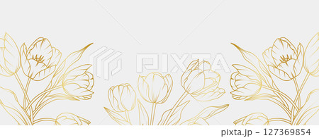 Luxury gold tulip flowers background. Floral pattern tropical in line art style for greeting, invitation, wedding card, wall art, wallpaper and print. Vector illustration 127369854