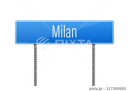 Blue city sign pointing towards Milan destination, location marker in view. 127369880
