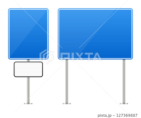 Illustration of blue informational road signs with silver pole supports. 127369887