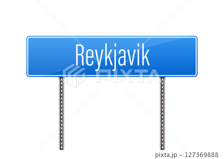 Blue road sign directing drivers to the beautiful city of Reykjavik. 127369888