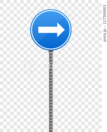 Blue road sign with a right arrow indicating direction on a clear background. Blue road sign with a right arrow indicating direction on a clear background. 127369901