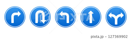 Various directional road signs, including turns, straight, and split directions 127369902