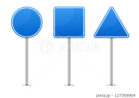 Road signs with blue filling and white borders standing on poles isolated. 127369904