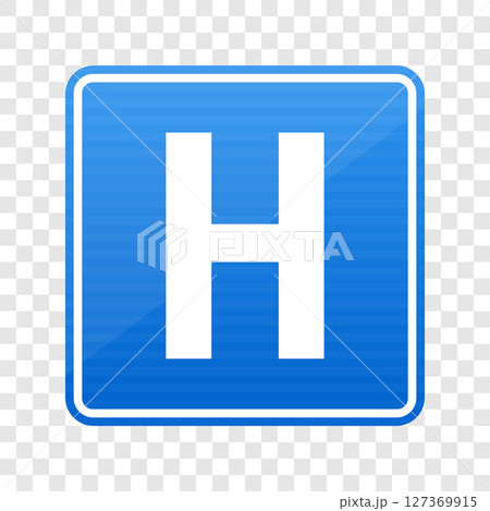 Blue square sign with white 'H' indicates healthcare or medical location 127369915