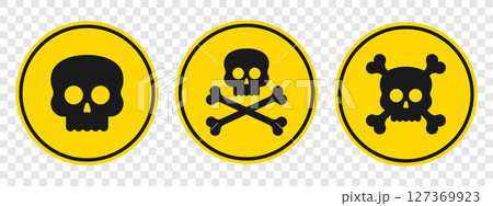 Three yellow warning signs displaying different variations of skull and crossbones 127369923
