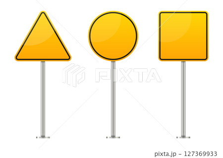Three yellow warning signs: triangle, circle, and square shapes on poles. 127369933
