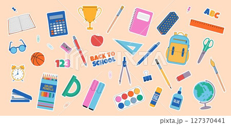 Back to school. School supplies sticker set. Vector illustration. 127370441