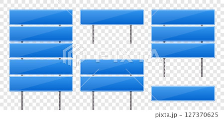 Collection of eleven blank, blue road signs mounted on metal posts. Versatile. 127370625