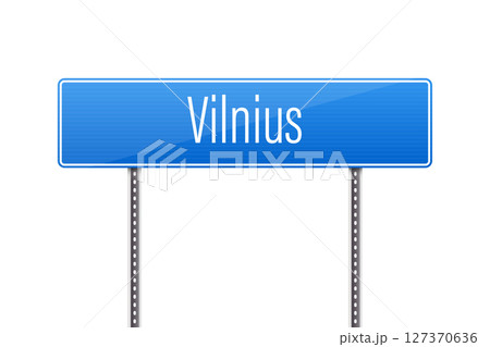 Blue sign indicating the direction to Vilnius, a European capital city. Blue sign indicating the direction to Vilnius, a European capital city. 127370636