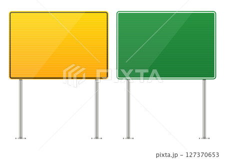 Blank road sign posts in yellow and green for text or wayfinding symbol 127370653