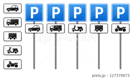 Parking signs for various vehicle types: cars, trucks, and motorcycles. Parking signs for various vehicle types: cars, trucks, and motorcycles. 127370673