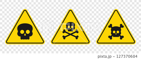 Multiple Yellow Hazard Warning Signs Featuring Skull and Crossbones Symbols 127370684