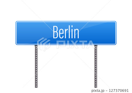 Blue directional road sign pointing to Berlin, a major European destination. 127370691