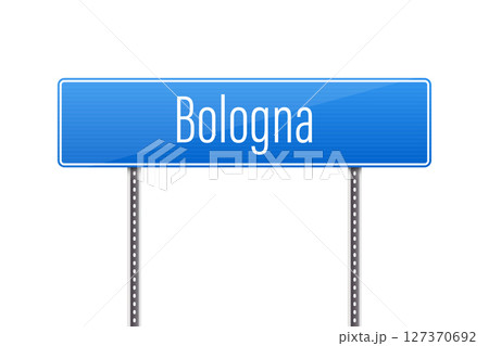 A blue road sign displays the name of a city known for its architecture. 127370692