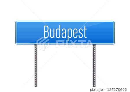Budapest street sign against a white background on metal posts. 127370696