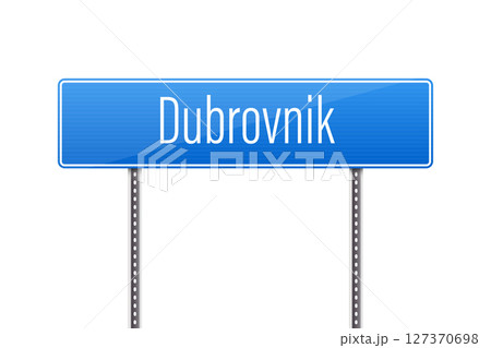 A blue street sign indicates the direction to the city of Dubrovnik. 127370698