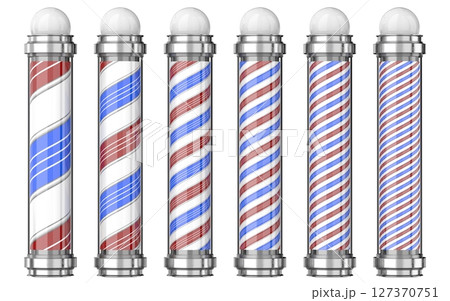 Classic barber shop poles with shiny metal elements and white ball - 3D illustration 127370751