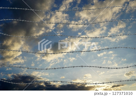 Barbed wire and sky in background - 3D illustration 127371010