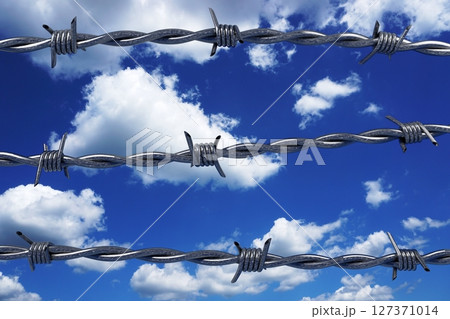 Barbed wire and sky in background - 3D illustration 127371014