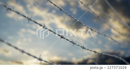 Barbed wire and sky in background - 3D illustration 127371026