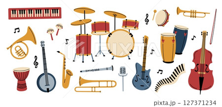 Cartoon musical instruments. Electric and acoustic tools, drums, guitars, wind, strings and percussion, melody creation elements. Classical and jazz music. Garish vector isolated set 127371234
