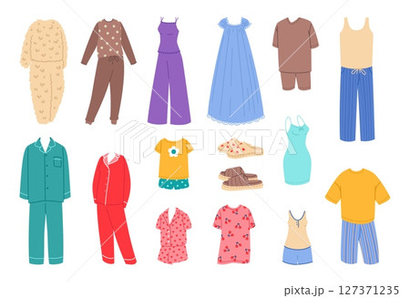 Cartoon sleepwear. Male and female nightwear, cozy home clothes for sleeping, warm pajamas, lightweight nightgowns, kids t-shirt and shirts, underwear and silk dress classy vector isolated set 127371235