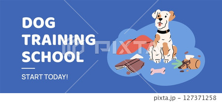 Dog training school poster. Pet behavior correction, psychologist who works with animals, solutions to problem, cute puppy, web advertising banner. Garish vector cartoon flat isolated concept 127371258