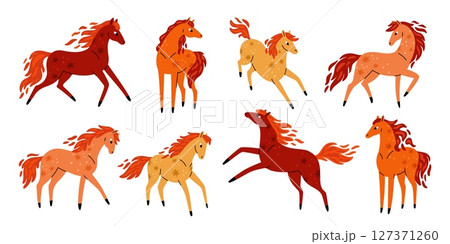 Funny horses. Cartoon cute steeds characters, burning animals, new year 2026 symbol, chinese horoscope, fiery stallions. Mustang jumping and running, garish vector isolated flat set 127371260