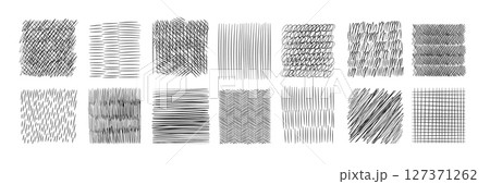 Hand drawn crosshatch. Simple artistic pencil lines, stripe hatch, circular, cell, different angles, black pen strokes. Square shapes with ornaments, black rough textures, garish vector set 127371262
