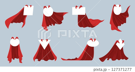 Labels with cartoon red cape. Different shapes empty banners, silk cloaks, folded draperies, superhero stickers mockup, masquerade carnival cloth with copy space nowaday vector isolated set Labels with cartoon red cape. Different shapes empty banners, silk cloaks, folded draperies, superhero stickers mockup, masquerade carnival cloth with copy space nowaday vector isolated set 127371277