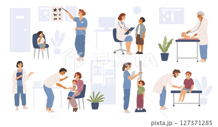 Medical kids examination. Children and babies admission to pediatric, ophthalmologist, otolaryngologist, psychotherapist, child healthcare. Garish vector cartoon flat isolated set 127371285