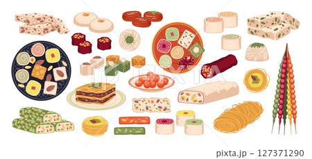 Oriental sweets. Turkish or arabic sugar desserts, tasty eastern delicacies, traditional baklava, lokum, delicious nougat, isolated menu pastry elements, confectionery bakery tidy vector set 127371290