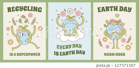 Planet earth mascot cards. Funny cartoon personage, ecological symbol, save nature, cute globe with face, feet and hands, posters design, environmental care, garish vector isolated set 127371307
