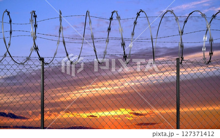 Spiral concertina barbed wire fence - 3d illustration 127371412