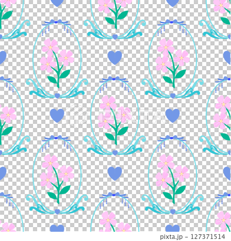 Seamless pattern of luxurious and beautiful floral motifs in a ribbon arch with hearts 127371514