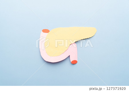 Pancreas organ shape made from paper on light blue background. Awareness of pancreatitis, pancreatic cancer and diabetes mellitus. Pancreas organ shape made from paper on light blue background. Awareness of pancreatitis, pancreatic cancer and diabetes mellitus. 127371920