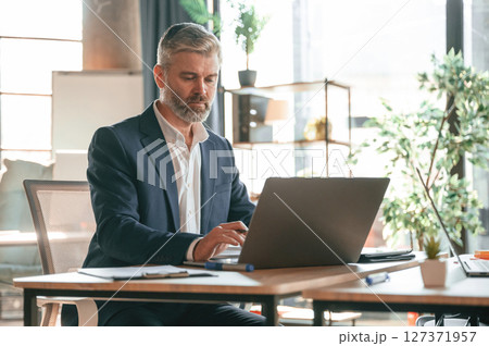 Using laptop. Senior businessman is working in the office 127371957
